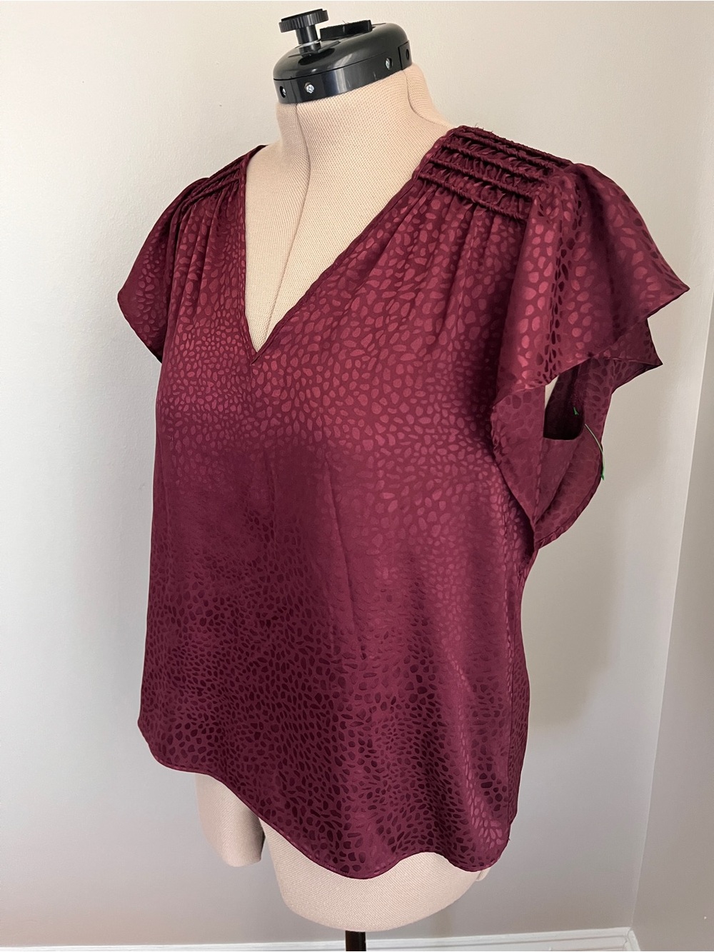 Nine West Burgundy V-Neck Flutter Sleeve Blouse